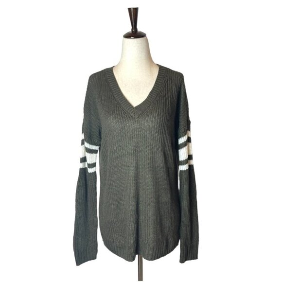 Pink Rose Olive Green V Neckline Striped Sleeve Knit‎ Pullover Sweater Size S - Picture 1 of 10